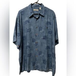 Blue casual short sleeve floral button down shirt
